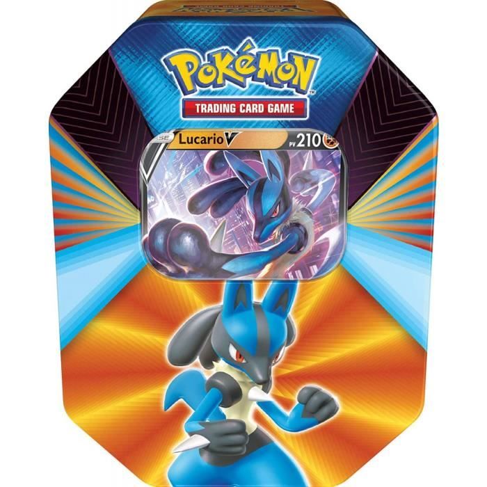 Pokebox Lucario V - 210 PV - Carte Francaise A Collectionner Pokemon - Boite Metal Bleu Puissances-V