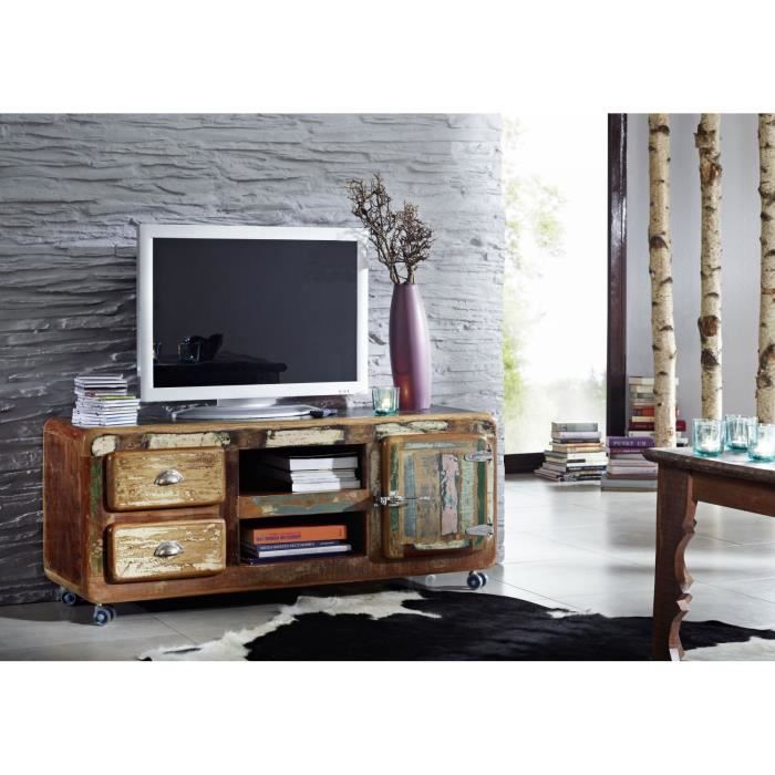 Meuble TV avec roulettes - Bois massif recyclé laqué (Multicolore) - Inspiration Ethnique - FREEZY #09