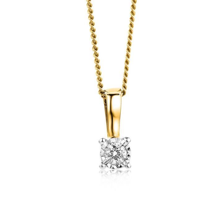 Orovi Bijoux Femme, Collier Solitaire Bicolor, Or Blanc et Or Jaune avec Diamant 0.04 Ct coupé Brillant 9 Kt - 375 Or Chaîne 45 C