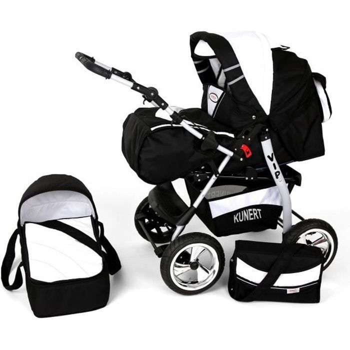 Poussette / Landau combiné 2en1 multifonctions bébé enfant 0-36m avec équipement Roues en mousse Volver - Noire et Blanche. Noire