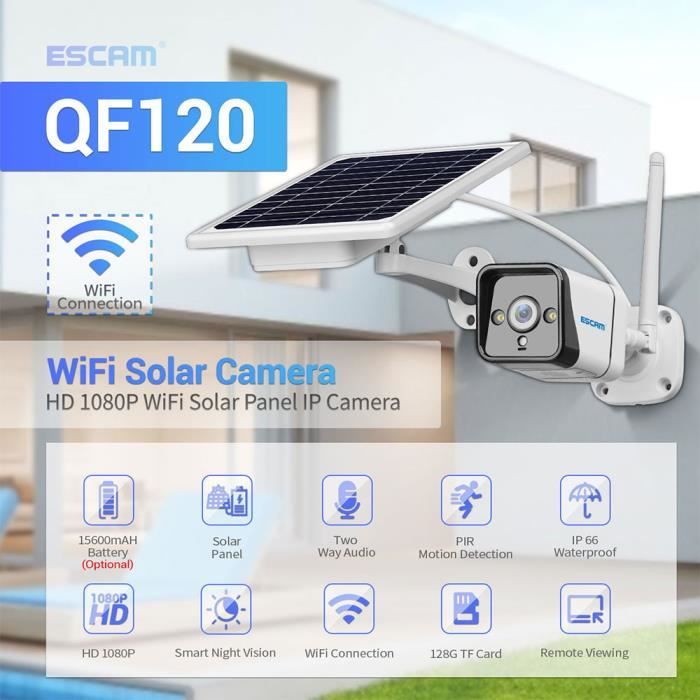 PRUMYA QF120 Caméra Surveillance 1080P WIFI PIR IP d'alarme avec panneau solaire couleur Vision nocturne Audio bidirectionnel IP66