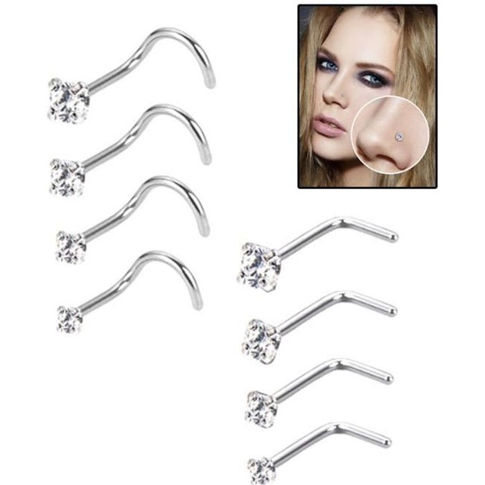 20 Gauge Anneaux de Nez Courbés en Acier Inoxydable Bague du Nez Vis de Zircon Piercing Bijoux pour Le Corps, Vis et L Bend Forme, 8