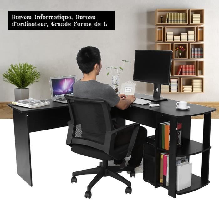 Table D'angle en forme L Économiseur d'espace avec étagères à livres Station de travail noir L02938