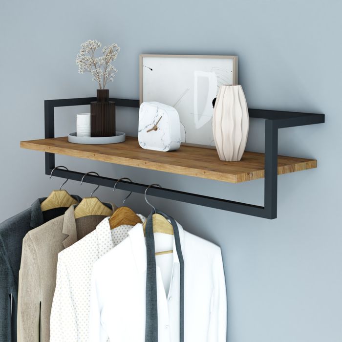 Portemanteau mural Evje avec barre de penderie et étagère 80 x 30 x 20 cm effet bois noir Portemanteau mural Evje avec barre de penderie et étagère 80 x 30 x 20 cm effet bois noir