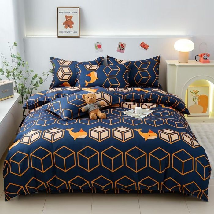 Housse de Couette 220x240 100% Microfibre Motif Botanique Parure de Lit avec Fermeture Éclair Housse+draps+2 taies-monde cubique