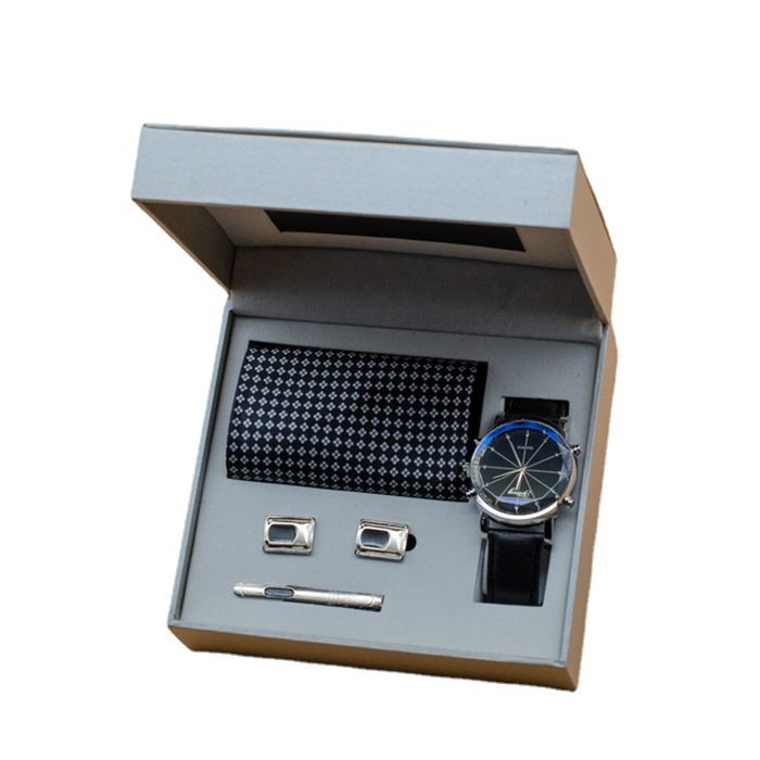 SHARPHY Coffret montre homme + cravate + boutons de manchette + pince à cravate - noire mode tempérament coffret de Noël 4 pièces