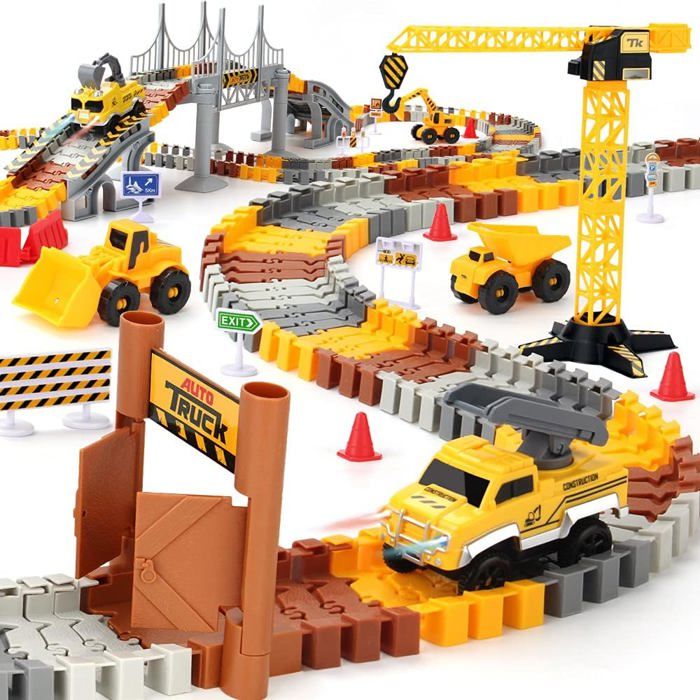 Set Construction 176 Pièces Avec 2 Voitures Lumineuses - Jeu De Piste Modulable Pour Enfants Dès 3 Ans