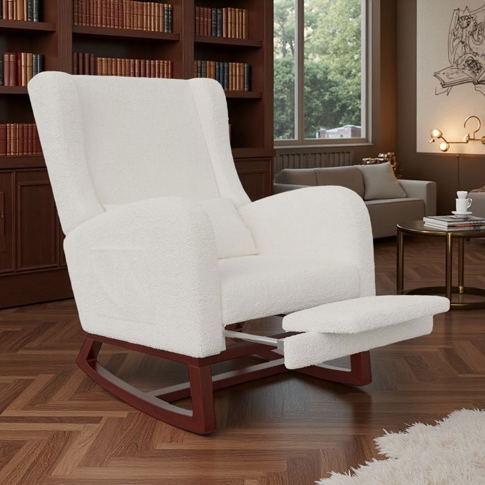 Fauteuil à Bascule - Velours Teddy Blanc - Ergonomique - Design Chic