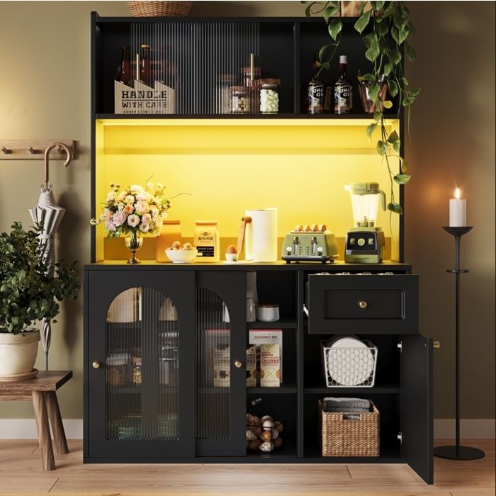 Buffet de Cuisine -120x35x167 cm - Meuble de Rangement - Buffet Salon - 5 Portes 1 Tiroir - Eclairage LED - Armoire haute - Noir