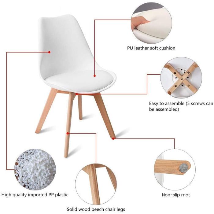 2 pièce chaise de cuisine salle à manger design scandinave assise rembourrée pieds en bois de hêtre massif - blanc