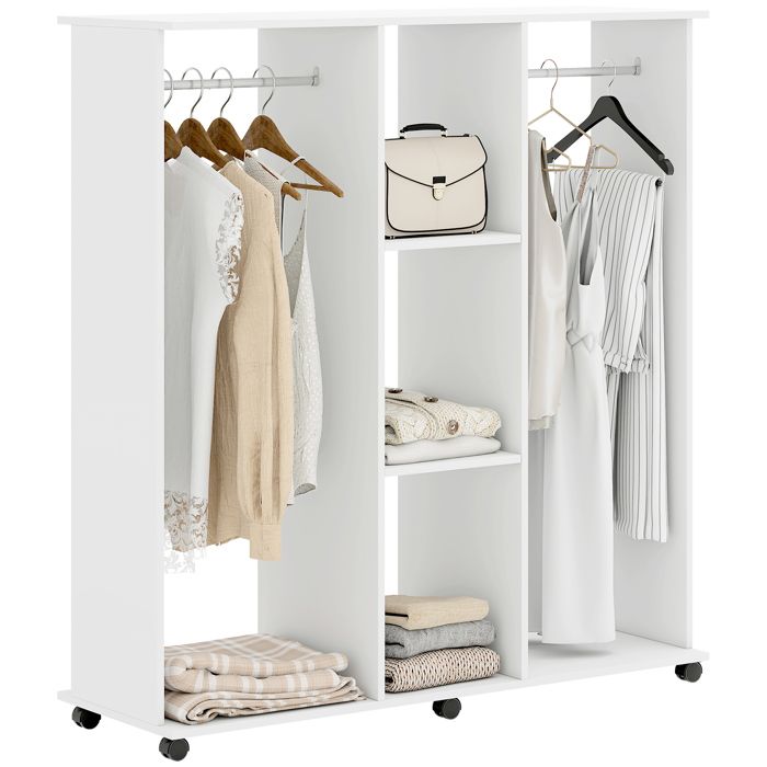 Armoire penderie - HOMCOM - mobile 6 roulettes - 2 barres de penderie - 2 tablettes au milieu - en bois - 120 x 40 x 128 cm - blanc Armoire penderie - HOMCOM - mobile 6 roulettes - 2 barres de penderie - 2 tablettes au milieu - en bois - 120 x 40 x 128 cm - blanc