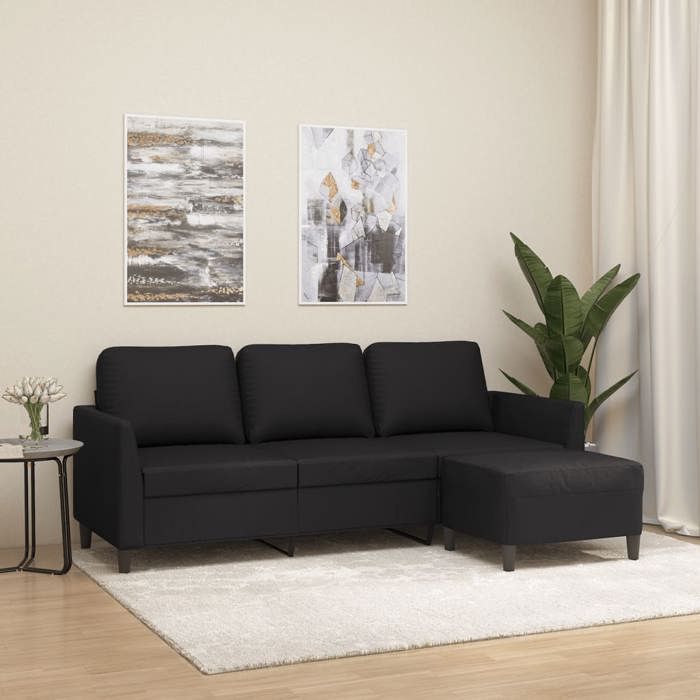 Noir Canapé pour 3 places - KEETHE - Sofa Fixe - 2 Ans Garantie - avec repose-pieds - Noir 180 cm- Similicuir LL179
