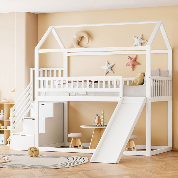 Lit Cabane Mezzanine - MERAX - 90x200 cm - Toboggan - Escalier de rangement - Blanc