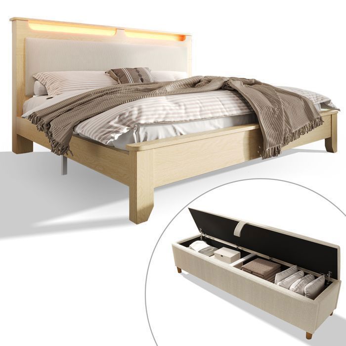 Lit double 180×200cm avec banquette de lit - Grand espace de rangement - Éclairage LED - Velours côtelé beige