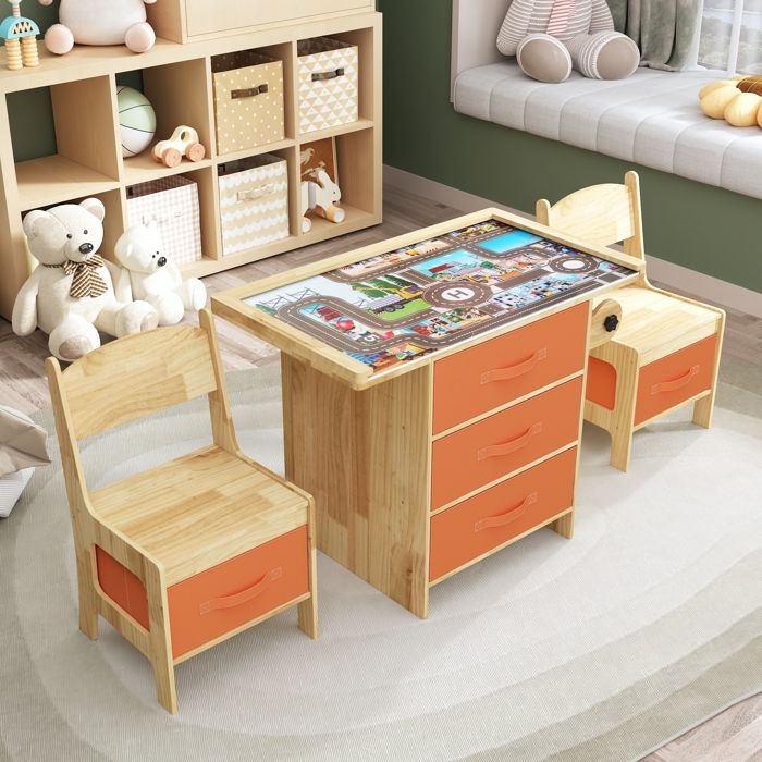 Ensemble Table et 2 Chaises pour Enfants 5 Caissons de Rangement Plateau de Jeu Amovible et Rouleau peint 70x54x40 Pin