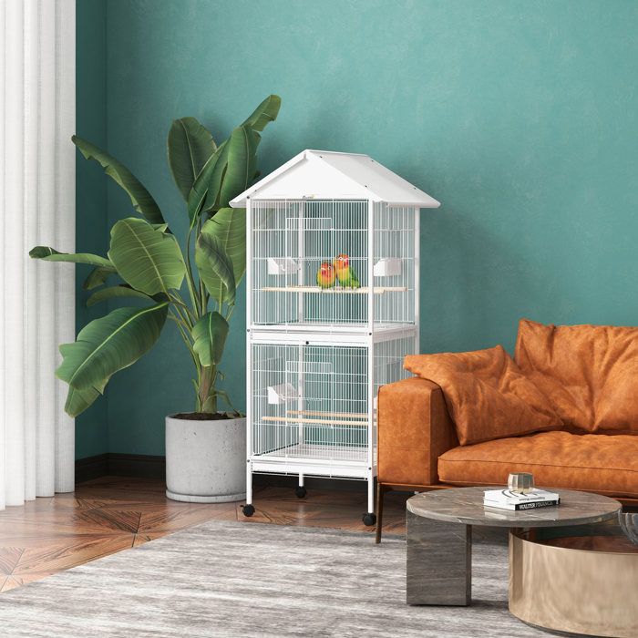 Volière cage à oiseaux sur roulettes design maison mangeoires perchoirs portes plateaux excréments amovibles métal