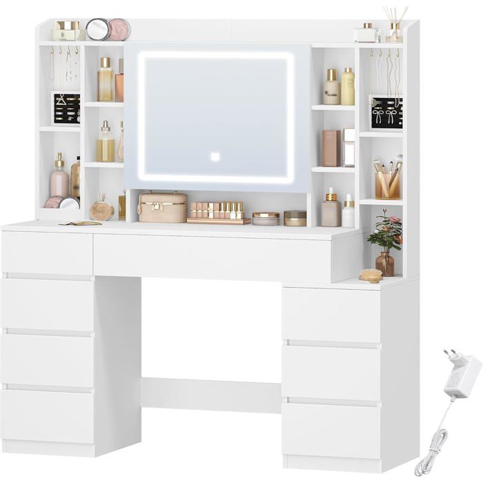 120 cm Coiffeuse avec Miroir et Éclairage LED Table de Maquillage avec 8 Tiroirs et 11 Étagères Ouverts Lumineuse Réglable Blanc
