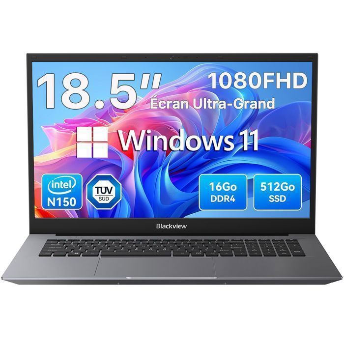 PC Portable Blackview Acebook 10 Windows 11 18.5 FHD Intel N150 3.6GHz RAM 16Go Stockage 512Go SSD Ordinateur portable QWERTY