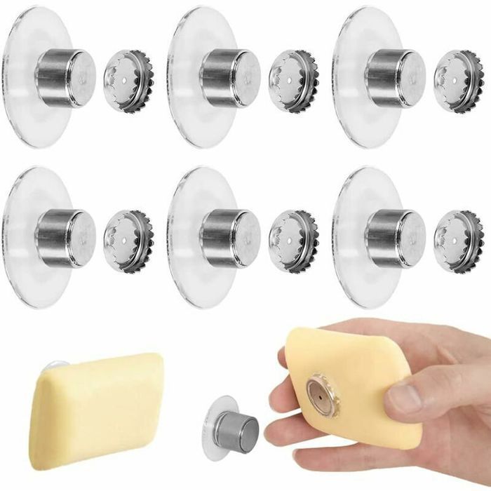 Lot de 6 porte-savons aimantés avec ventouses conçus pour une utilisation sans perçage. Ces porte-savons magnétiques sont adaptés