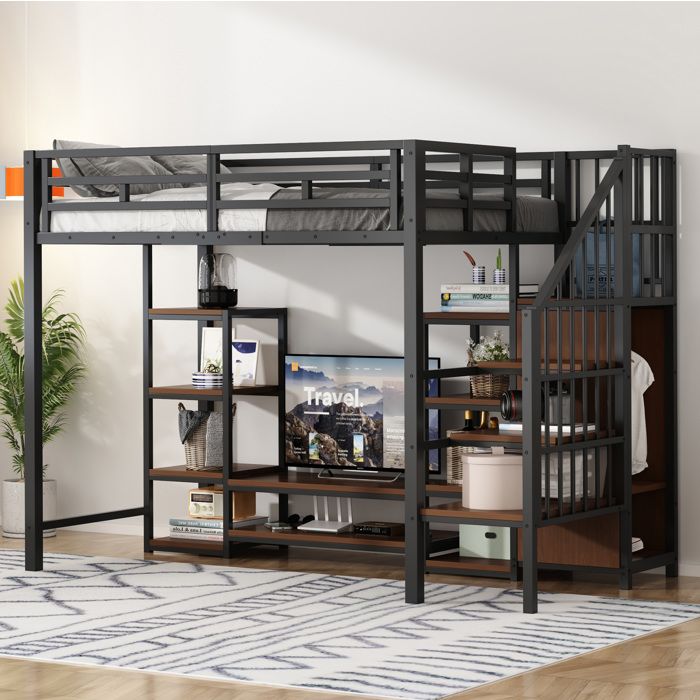 HOMVRA Lit mezzanine 90x200 cm avec meuble TV prise de courant étagère et échelle de rangement métal noir