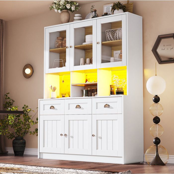 Buffet de cuisine LED 6 portes et 3 tiroirs avec étagères réglables rangement vitrine haute MDF 140×40×175 cmblanc