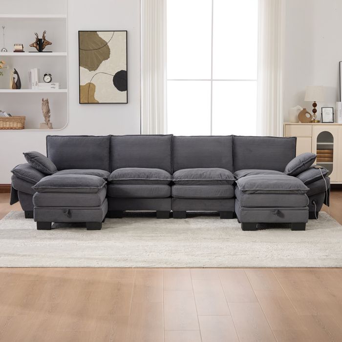 Canapé modulable 4 places gris foncé L 330 x P 132 x H 84 cm 2 poufs USB-C rangement