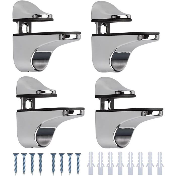 Lot de 4 supports tablette verre réglables alliage zinc poli épaisseur 3-20mm étagère salle bain bois ou verre robuste .