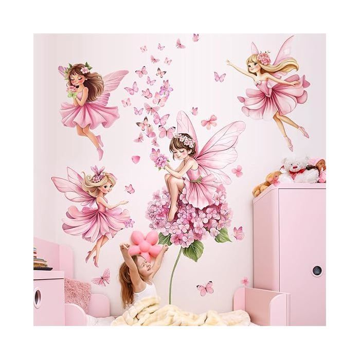 - [Extra large] Stickers muraux FÉE et PAPILLON en rose (132x129 cm) I Autocollant mural chambre fille f OBJET DE DECORATION MURALE