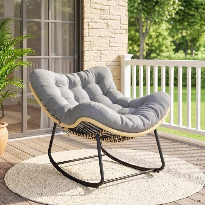 Fauteuil à bascule de jardin pour intérieur et extérieur rocking chair en résine tressée avec coussin moelleux gris