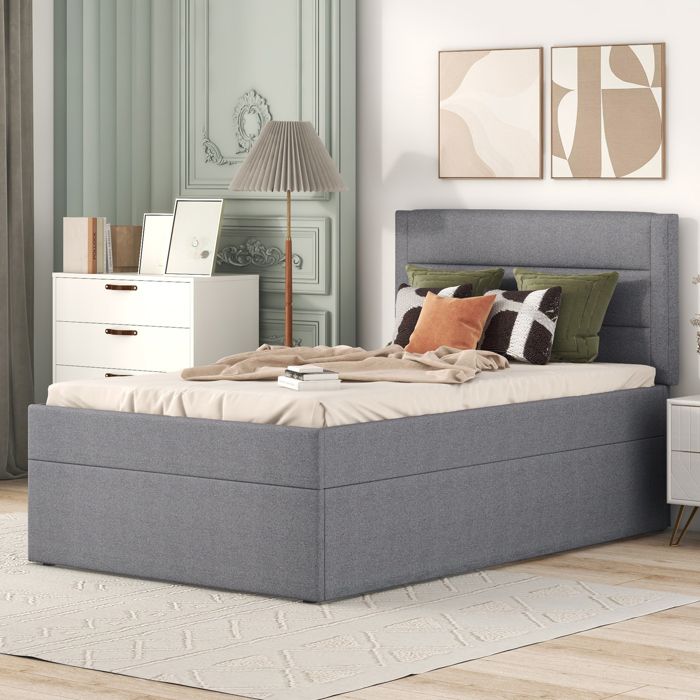 Lit simple rembourré 90x200 cm - FloraGrace avec rangement sous le lit sommier à lattes inclus sans matelas - Gris