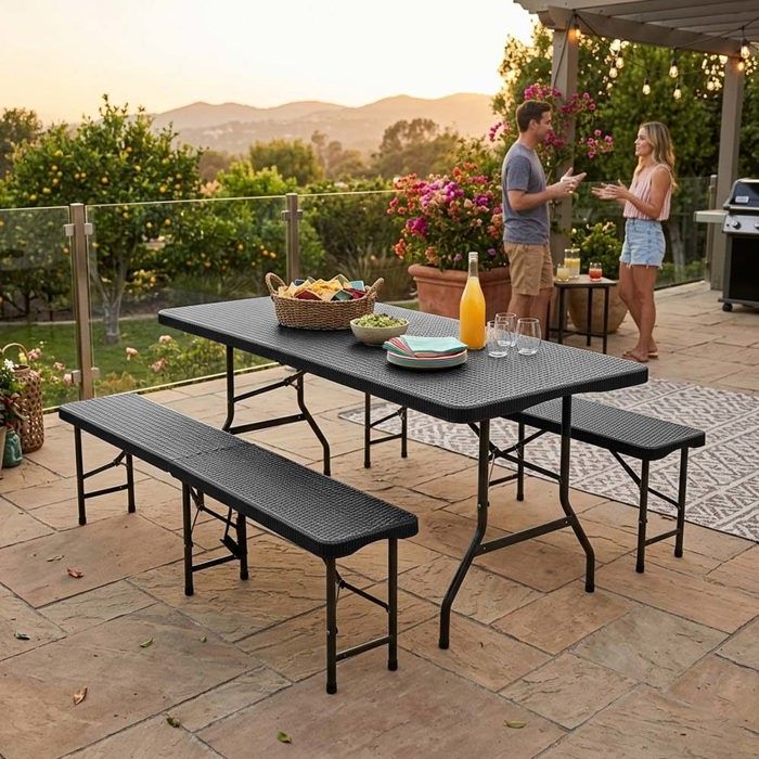 Ensemble de table et chaises de jardin - CRESTA - 18 m - Pliable - Plateau HDPE résistant UV & intempéries - 6 personnes