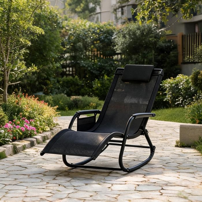 Chaise longue de jardin avec dossier incurvé et pochette latérale structure métal et polyester deep black capacité 150 kg