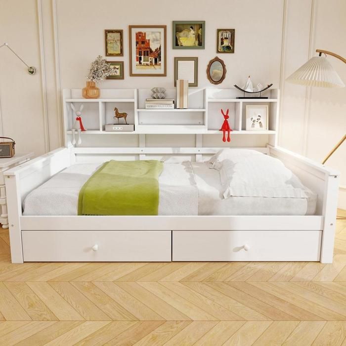 Lit - KOMHTOM - Lit canapé convertible - Bois massif - 90 x 200 cm - Avec tiroirs et étagères Lit - KOMHTOM - Lit canapé convertible - Bois massif - 90 x 200 cm - Avec tiroirs et étagères