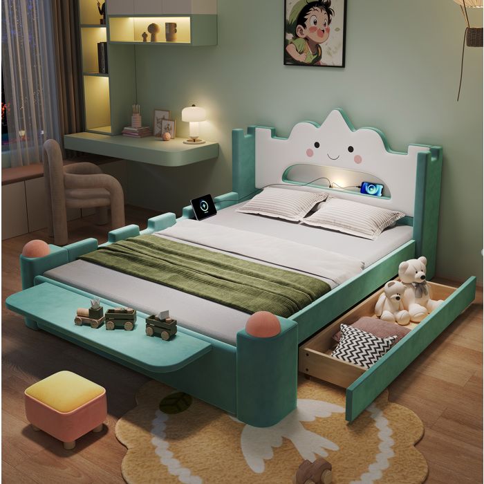 Lit enfant rembourre 140 x 200 cm EVRYAE avec tete de lit nuage lampe LED USB tiroir et tablette rabattable