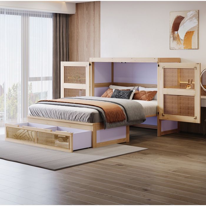ELVORIN Lit escamotable vertical 140 x 200 cm sommier à lattes tiroirs de rangement design rotin bois naturel ouverture 270°
