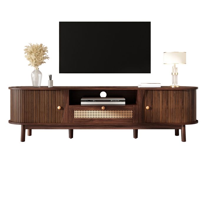 Meuble TV en Rotin Meuble TV Salon Portes en Bois Massif Tiroirs Grand Rangement Style Campagne