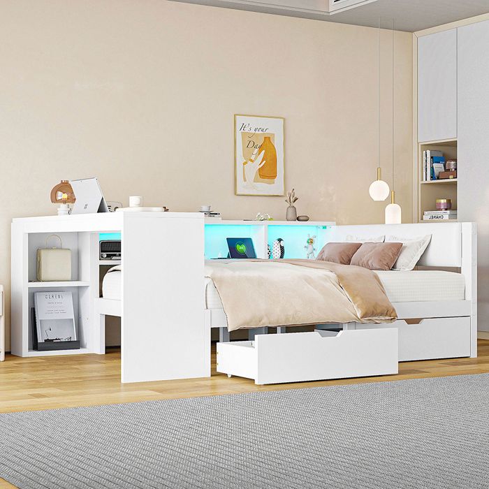Lit plateforme - YEHTOKHOME - Lit plateforme 140x200 cm - 2 tiroirs - 2 prises & 2 USB - LED 7 couleurs