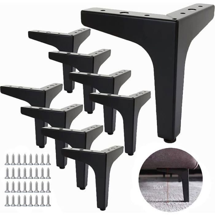 Pieds de meuble métal noir 15 cm - lot de 8 - fer forgé 1.8 mm - charge 600 kg - fixation 12 cm