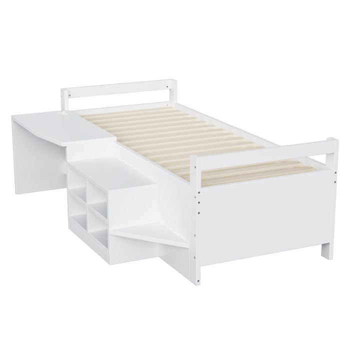 Lit 90x200 cm en pin et MDF blanc bureau rangements intégrés marche d’accès 2 ports USB et prise électrique