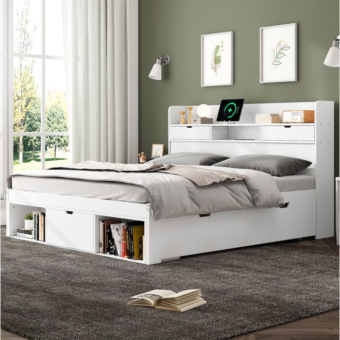 Lit double 160 x 200 cm avec tête de lit de rangement tiroirs ports USB et Type-C sans matelas blanc