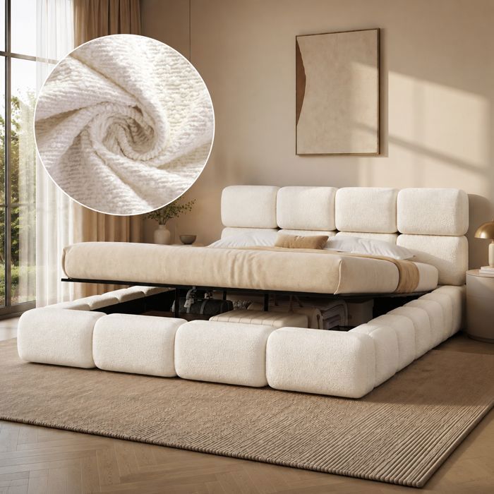 Lit Coffre 200x200 en Bouclé Blanc Design Bubble Sommier Relevable Hydraulique Tête de Lit Matelassée Lit Coffre 200x200 en Bouclé Blanc Design Bubble Sommier Relevable Hydraulique Tête de Lit Matelassée