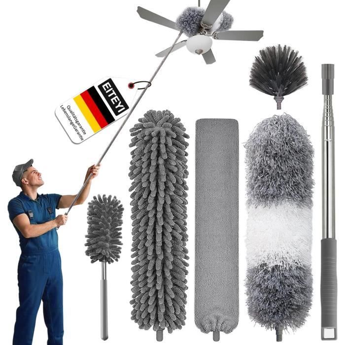 Plumeau Télescopique 250cm - 6 Accessoires Nettoyage - Microfibre Lavable - Pour Plafonds, Toiles D'Araignée Et Meubles
