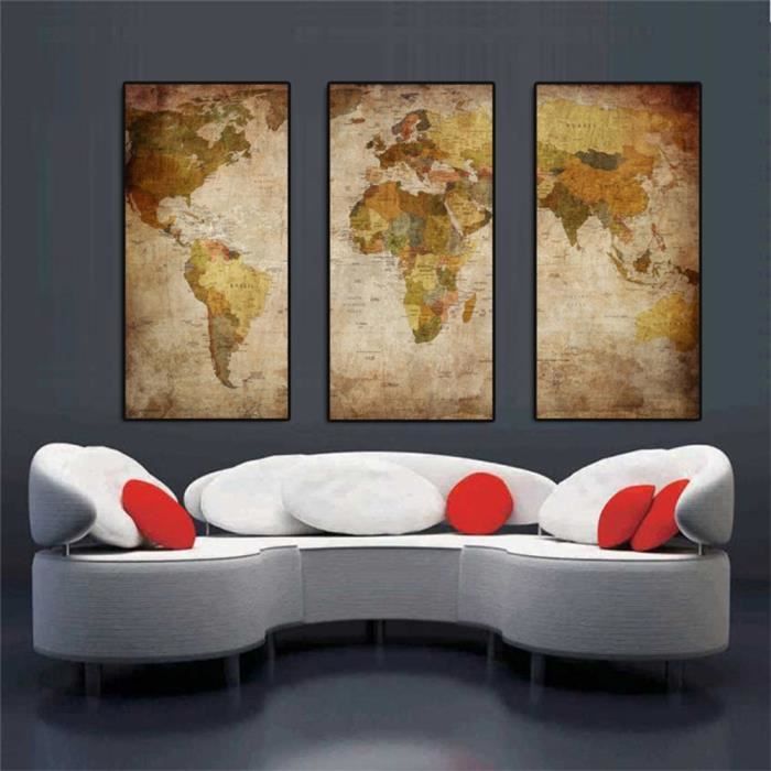 Non Encadrée 3 Panneaux Vintage Carte Du Monde Toile