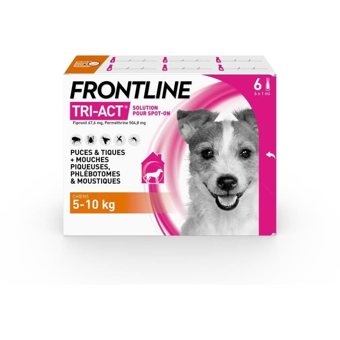 FRONTLINE Tri-Act Chiens S - 5 à 10 kg - 6 Pipettes - puces, tiques, moustiques, phlébotomes et mouc