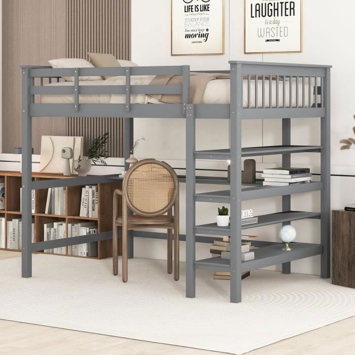 Lit mezzanine enfant Fortuna Lai - Gris - 140x200cm - Avec barrière de protection et étagères