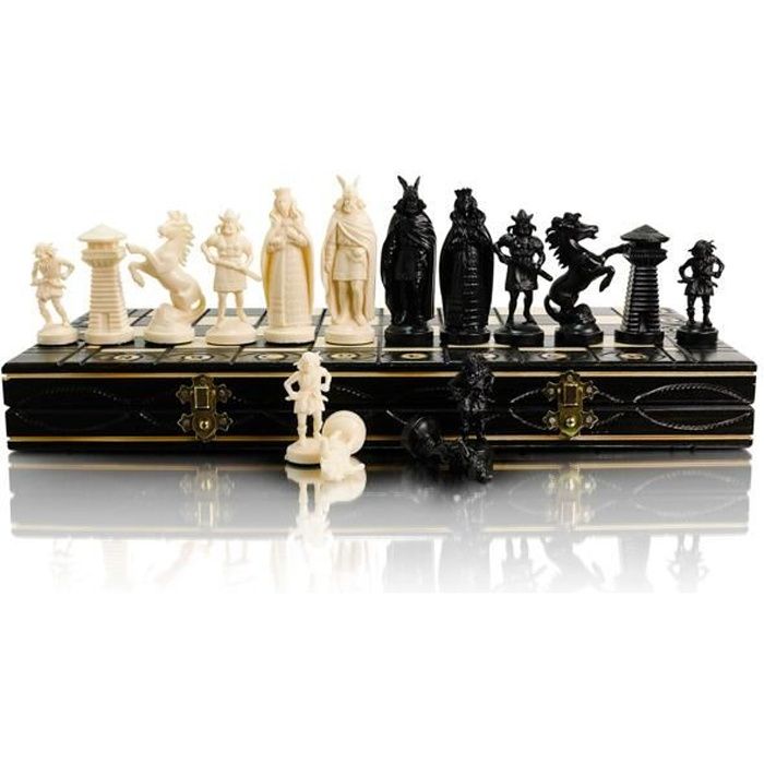 Jeu D'échecs Black & White Edition 40cm - Échiquier En Bois Et Pièces Vikings Médiévales - Idéal Pour Joueurs Amateurs Et Pros