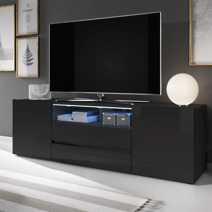 Meuble TV - SELSEY - BROS - 140 cm - Noir mat/brillant - LED - 2 niches - 4 compartiments