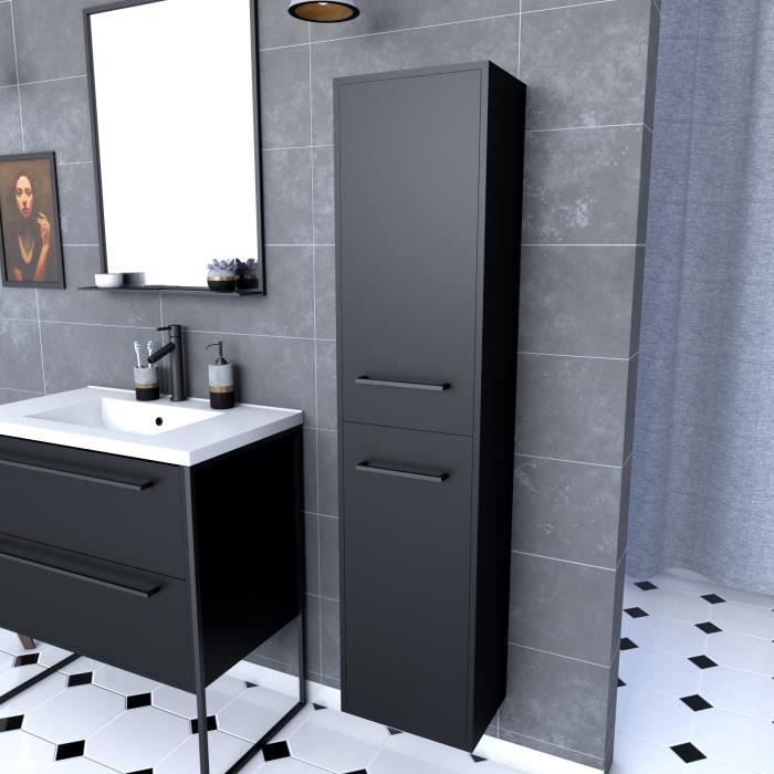 Colonne de salle de bain blanche 30x35x150 cm avec 2 portes blanches poignées noir mat - STRUCTURA P059