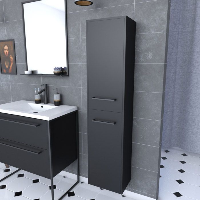 Colonne de salle de bain blanche 30x35x150 cm avec 2 portes blanches poignées noir mat - STRUCTURA P059