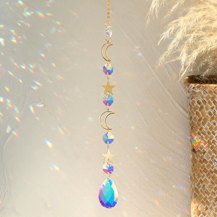 Carillon Attrape-Soleil En Cristal - Prisme Cristal K9 Avec Support Bois - Déco Fenêtre, Balcon, Chambre - Crée Des Reflets Arc-en-Ciel